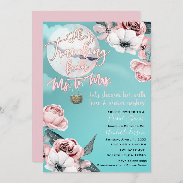 Travelling From Ms. to Mrs. Bridal Shower Teal Pin Invitation (Front/Back)