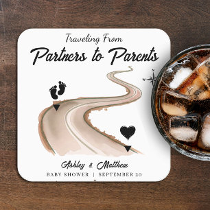 Travelling from Partners to Parents Baby Shower Square Paper Coaster