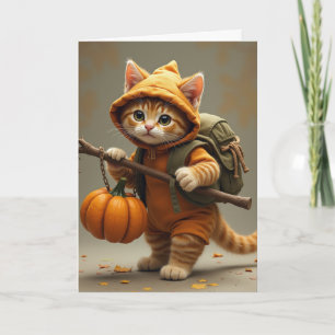 Travelling hobo kitty with pumpkin card
