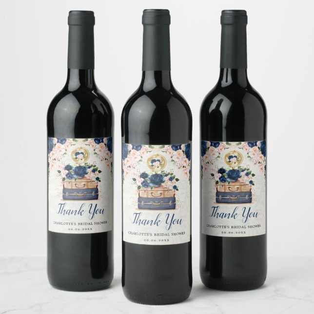 Travelling Miss to Mrs Navy Blush Bridal Shower Wine Label (Bottles)