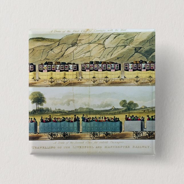 Travelling on the Liverpool and Manchester 2 Inch Square Button (Front)