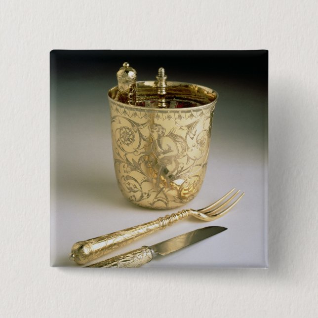 Travelling set of a knife, fork, spoon and beaker, 2 inch square button (Front)