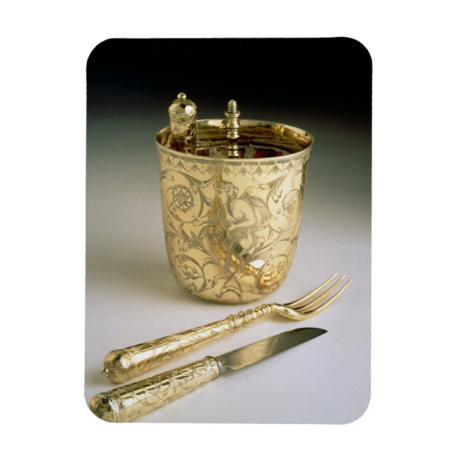 Travelling set of a knife, fork, spoon and beaker, magnet (Vertical)