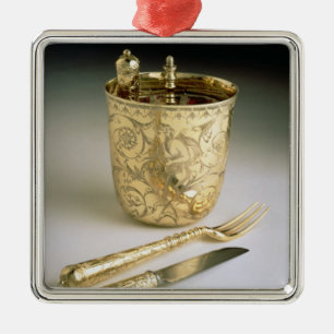 Travelling set of a knife, fork, spoon and beaker, metal ornament