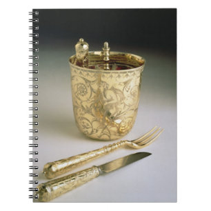 Travelling set of a knife, fork, spoon and beaker, notebook