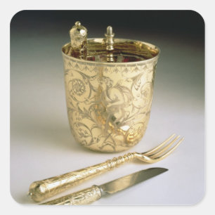 Travelling set of a knife, fork, spoon and beaker, square sticker