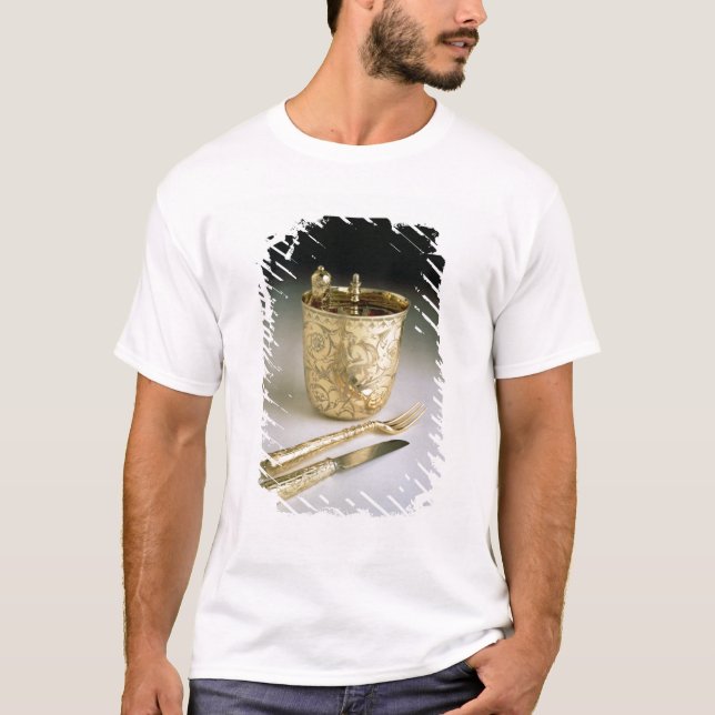 Travelling set of a knife, fork, spoon and beaker, T-Shirt (Front)