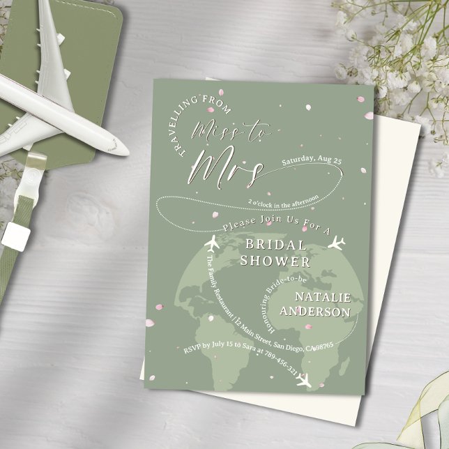 Travelling to Mrs Sage Green Petals Bridal Shower Invitation (Travelling to Mrs Sage Green Petals Bridal Shower Invitation)