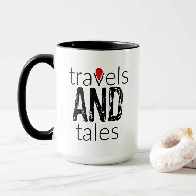 Travels and Tales Logo Mug featuring Channel Hosts (With Donut)