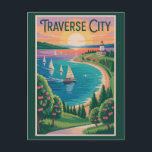 Traverse City Lake Michigan Illustration Travel Postcard<br><div class="desc">Traverse City retro vector travel design. Traverse City,  Michigan,  is a charming lakeside destination known as the Cherry Capital of the World,  offering visitors vineyards,  sandy Lake Michigan beaches,  and scenic landscapes.</div>