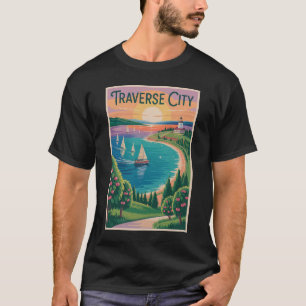 Traverse City Lake Michigan Illustration Travel T-Shirt