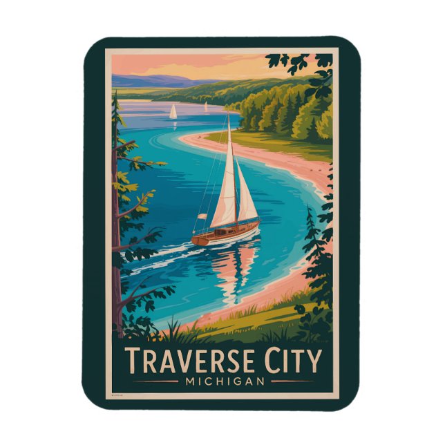 Traverse City Michigan Illustration Travel Art  Magnet (Vertical)