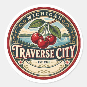 Traverse City Michigan Retro Sand Dunes Lighthouse Classic Round Sticker