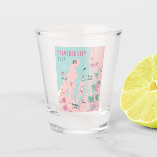 Traverse City Michigan Wine and Cherry Map Shot Glass (Front)