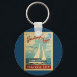 Traverse City Sailboat Vintage Travel Michigan Keychain<br><div class="desc">This Greetings From Traverse City Michigan vintage travel nautical design features a boat sailing on the water with seagulls and a blue sky filled with gorgeous puffy white clouds.</div>