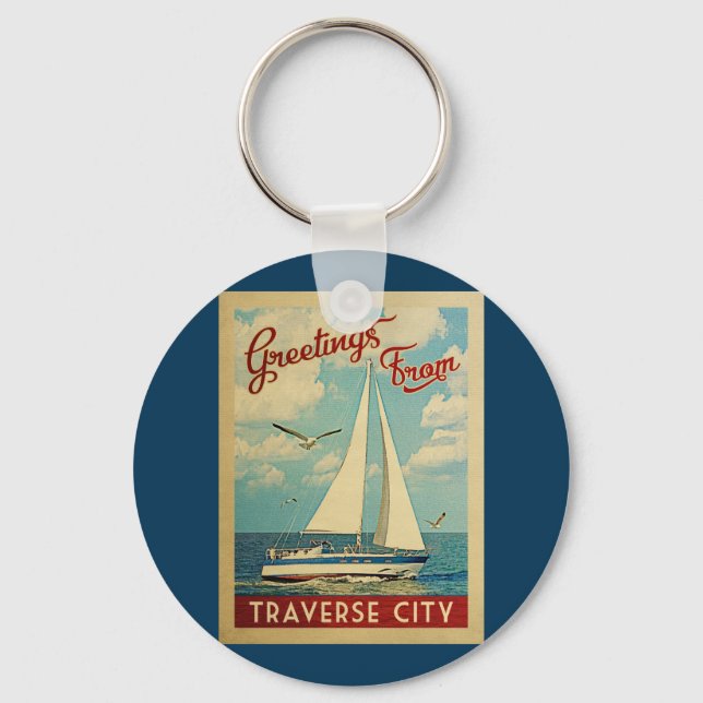 Traverse City Sailboat Vintage Travel Michigan Keychain (Front)