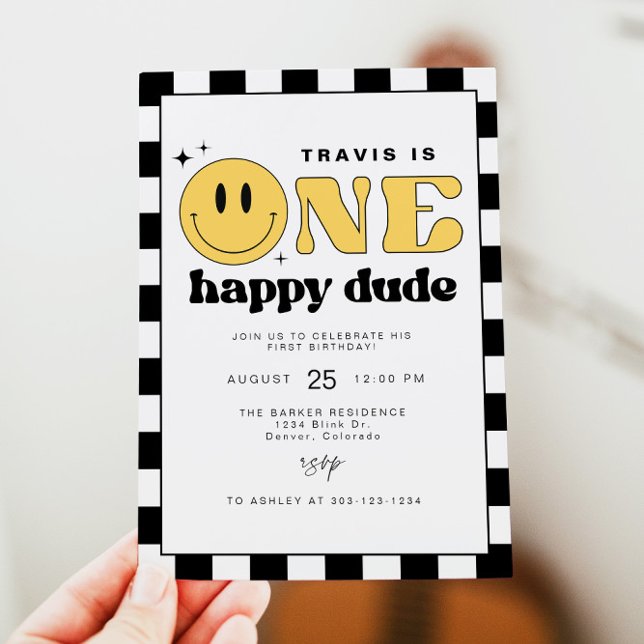 TRAVIS One Happy Dude Smile Face First Birthday Invitation (Creator Uploaded)