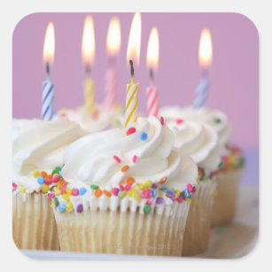 Tray of birthday cupcakes with candles square sticker
