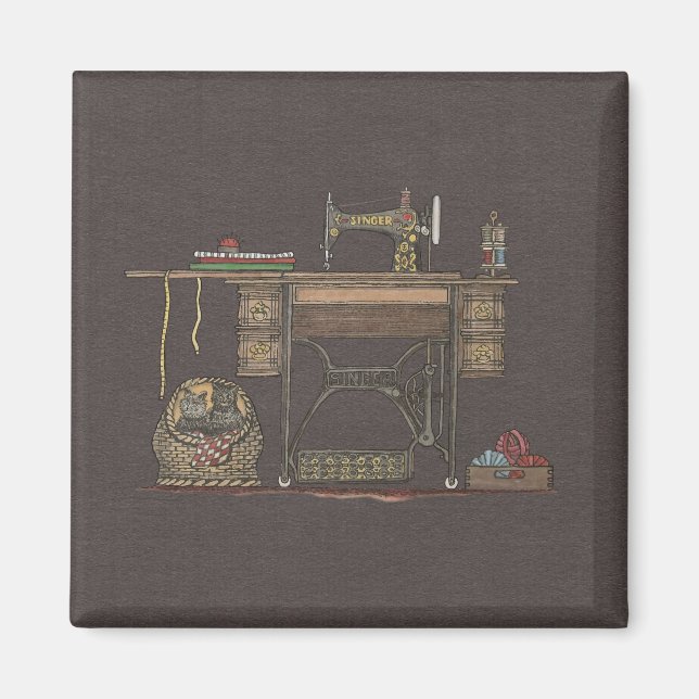 Treadle Sewing Machine & Kittens Magnet (Front)