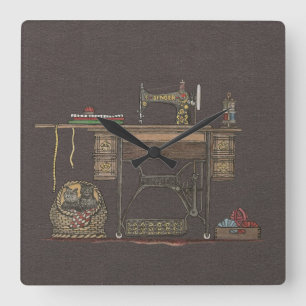 Treadle Sewing Machine & Kittens Square Wall Clock