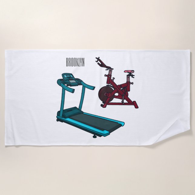 Treadmill & spinning bike cartoon illustration beach towel (Front)