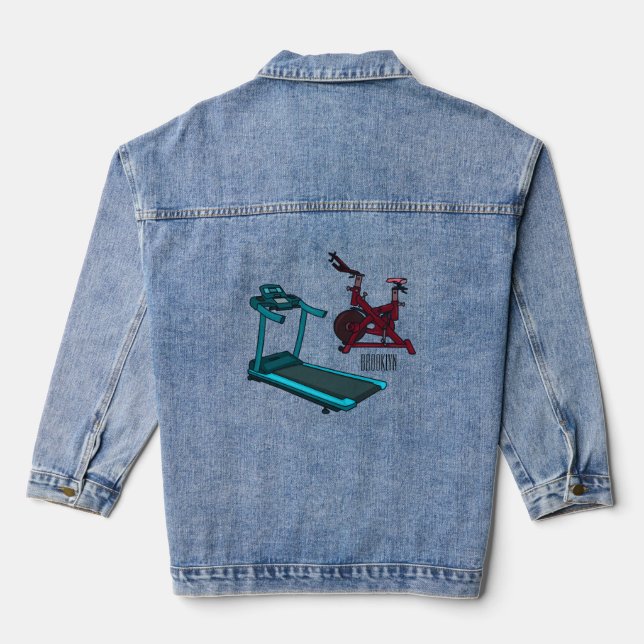 Treadmill & spinning bike cartoon illustration denim jacket (Back)