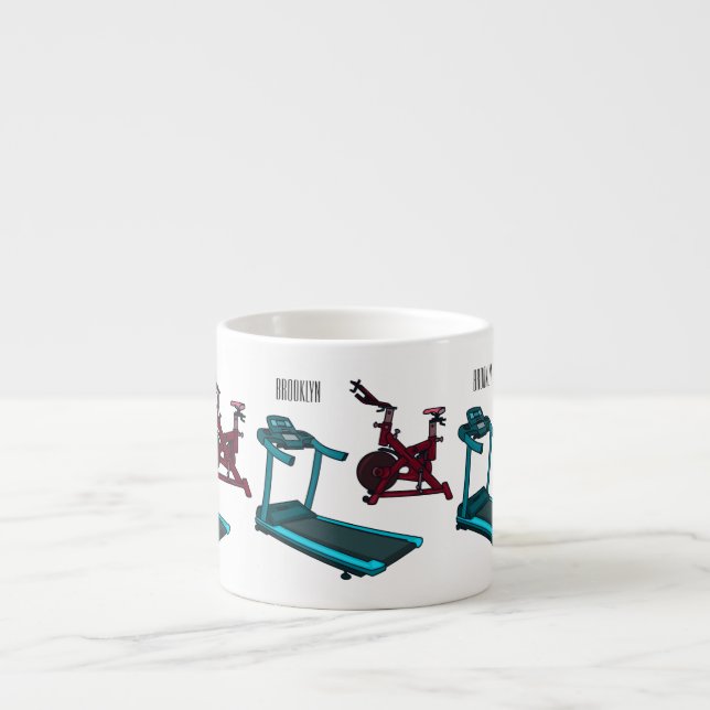 Treadmill & spinning bike cartoon illustration espresso cup (Front)