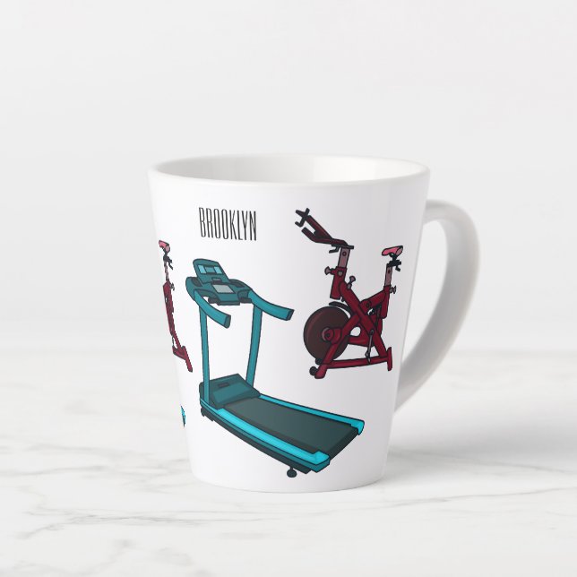 Treadmill & spinning bike cartoon illustration latte mug (Right Angle)