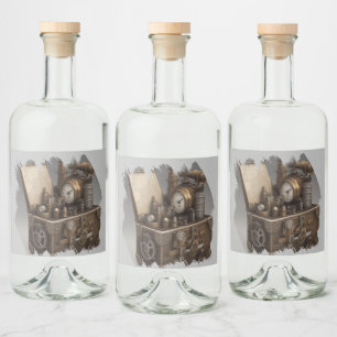 Treasure chest with gears liquor bottle label