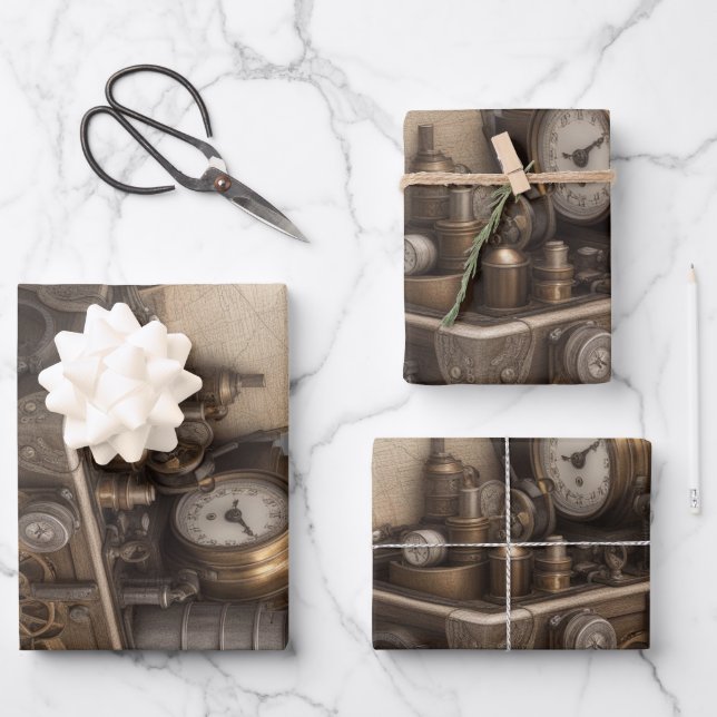 Treasure chest with gears wrapping paper sheet (Front)