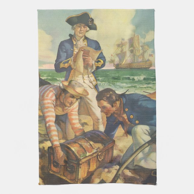 Treasure Island, Vintage Fairy Tale Pirates Kitchen Towel (Vertical)