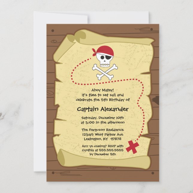 Treasure map pirate birthday party invitation (Front)