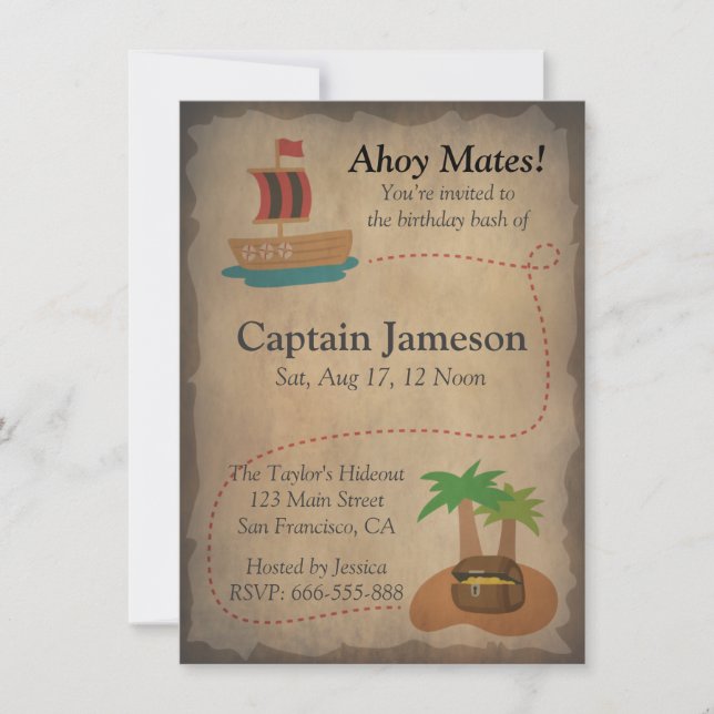 Treasure Map, Pirate Theme Birthday Party Invitation (Front)