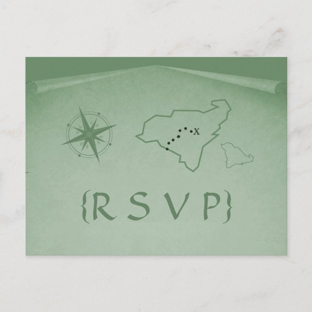 Treasure Map RSVP Postcard, Green Invitation Postcard (Front)