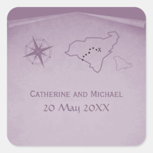 Treasure Map Wedding Stickers, Purple Square Sticker