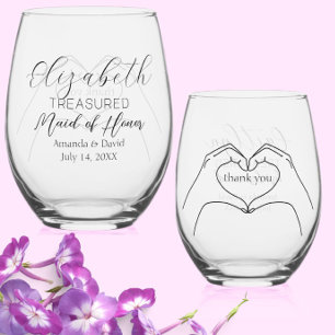"Treasured Maid of Honour" Gift/Custom Heart Hands Stemless Wine Glass