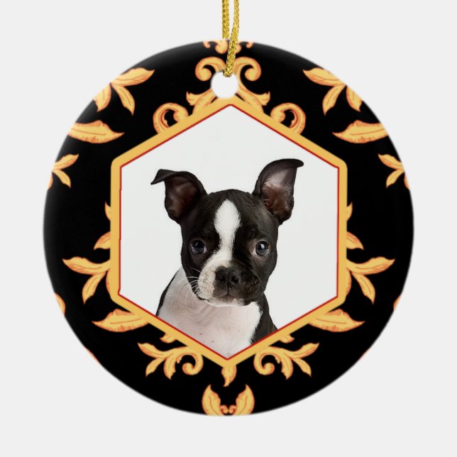 Treasured Pets Black & Gold Damask Dog / Cat Photo Ceramic Ornament (Front)