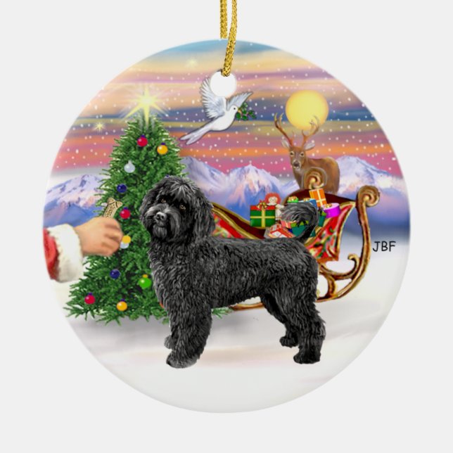 Treat for a Portuguese Water Dog (black, stand) Ceramic Ornament (Front)