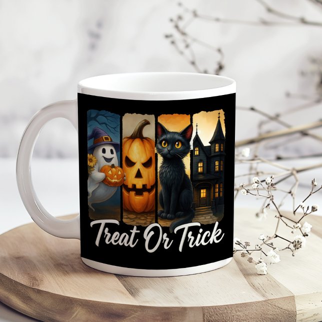 "Treat or Trick" Halloween Brush Stroke Cat  Coffee Mug ("Treat or Trick" Halloween Brush Stroke Cat Coffee Mug on a boho kitchen table with tiny flowers)