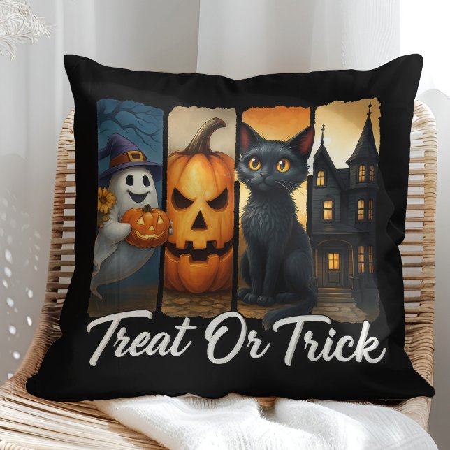 "Treat or Trick" Halloween Brush Stroke Cat Throw Pillow ("Treat or Trick" Halloween Brush Stroke Cat Throw Pillow on a sunny boho rattan chair.)