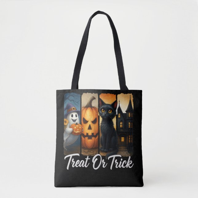 "Treat or Trick" Halloween Brush Stroke Cat Tote Bag (Front)