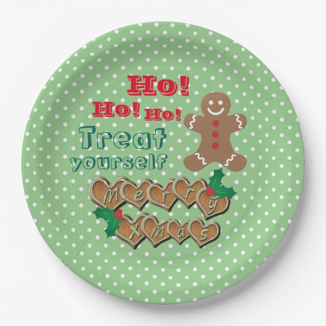 "Treat Yourself" Christmas Gingerbread and Dots Paper Plate (Front)