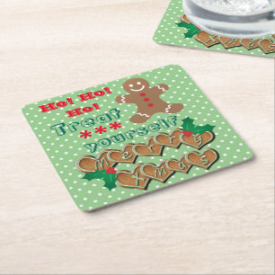 "Treat Yourself" Christmas Gingerbread and Dots Square Paper Coaster