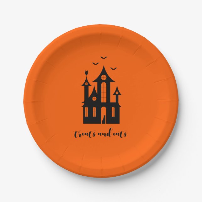 Treats And Eats Halloween Haunted House Orange Paper Plate (Front)