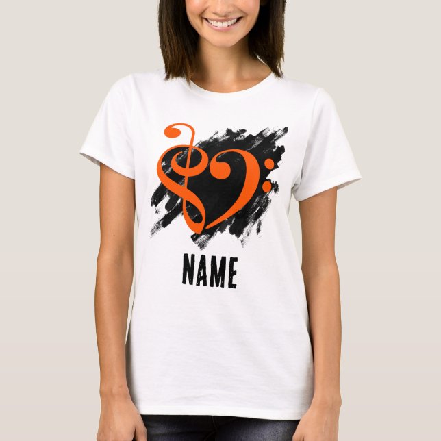 Treble and Bass Clef Heart Orange Customizable T-Shirt (Front)