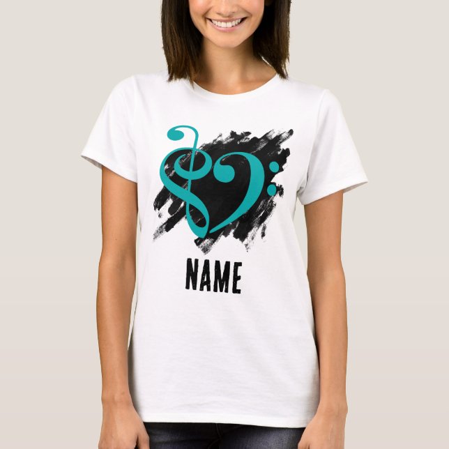 Treble and Bass Clef Heart Turquoise Customizable T-Shirt (Front)