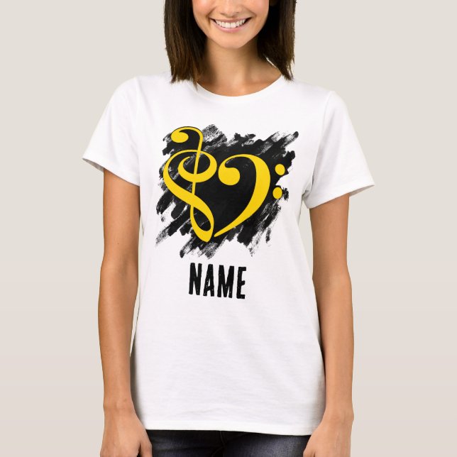 Treble and Bass Clef Heart Yellow Customizable T-Shirt (Front)