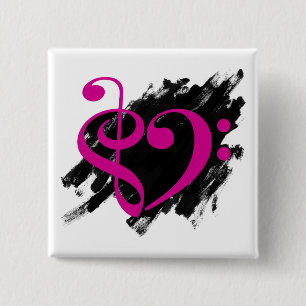 Treble and Bass Clef Musical Heart Fuchsia 2 Inch Square Button