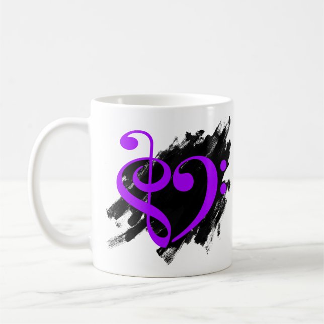 Treble and Bass Clef Musical Heart Purple Coffee Mug (Left)