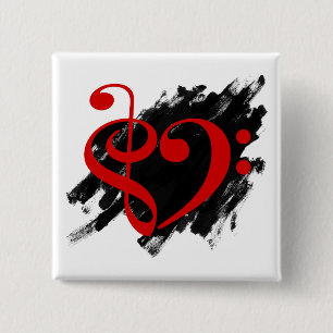 Treble and Bass Clef Musical Heart Red 2 Inch Square Button